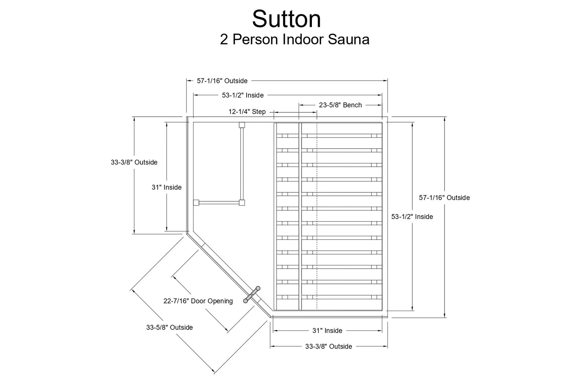 Sutton 2-person indoor sauna technical schematic showing dimensions, interior bench layout, and door opening specifications