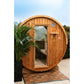 Cylindrical wooden barrel sauna with rounded roof, large glass window, open door, and ventilation vent, positioned on wooden 