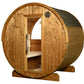 Half moon barrel sauna with cedar wood construction, glass door, and dark shingle roof on white background