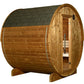Wooden barrel sauna with arched roof, tan wood construction, dark shingled top, open door showing interior bench seating, on 