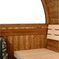Half moon barrel sauna with stained wood construction, headrest detail, and interior bench seating visible
