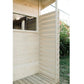 Natural wood sauna interior with horizontal siding, window, and louvered door panel in garden setting