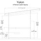 Yukon 4 person cabin sauna technical schematic showing roof dimensions, interior heights, bench sizes, and window placement o