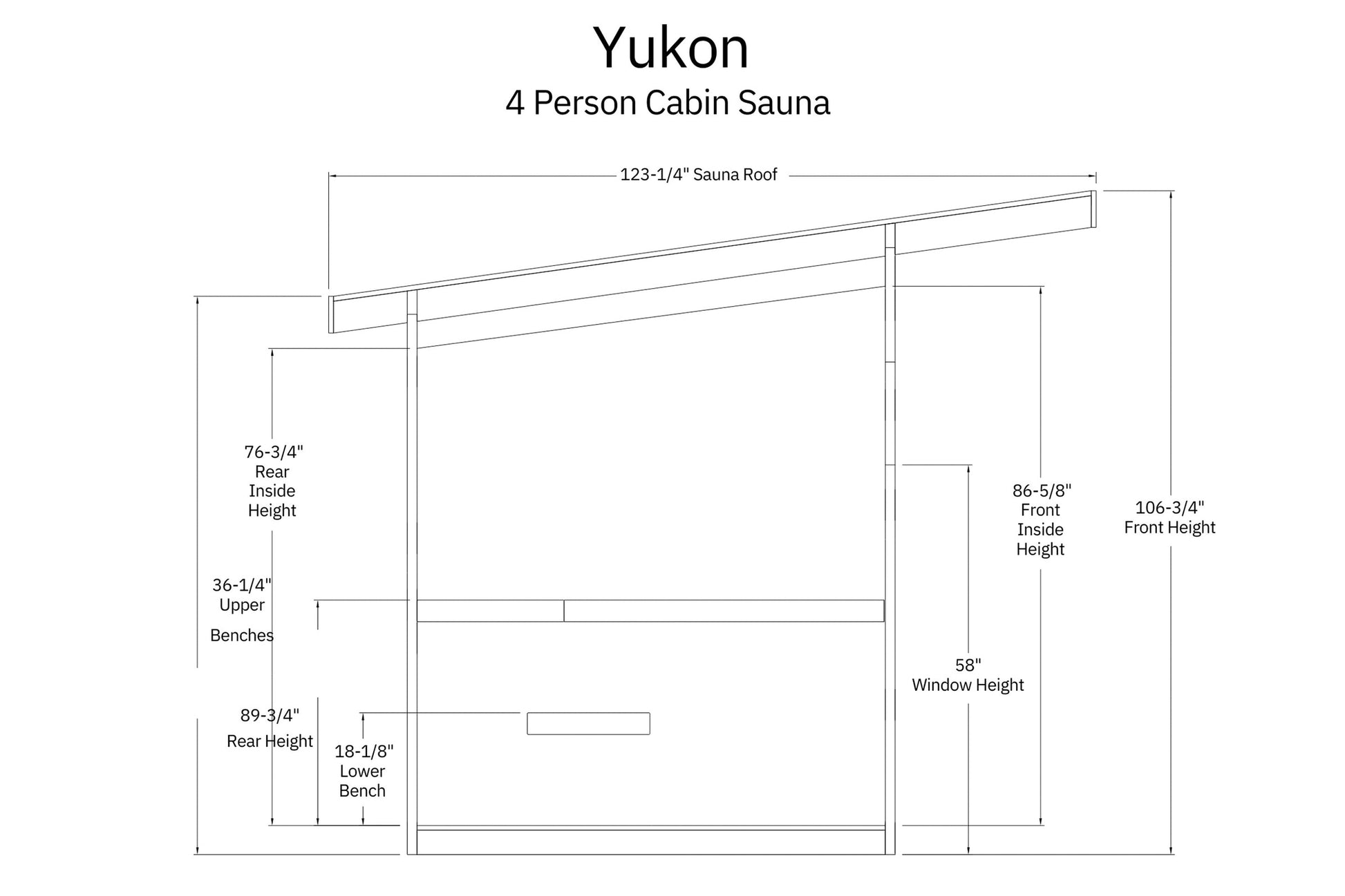 Yukon 4 person cabin sauna technical schematic showing roof dimensions, interior heights, bench sizes, and window placement o