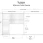 Yukon 4 person cabin sauna floor plan with interior and exterior dimensions, bench heights, door and window measurements