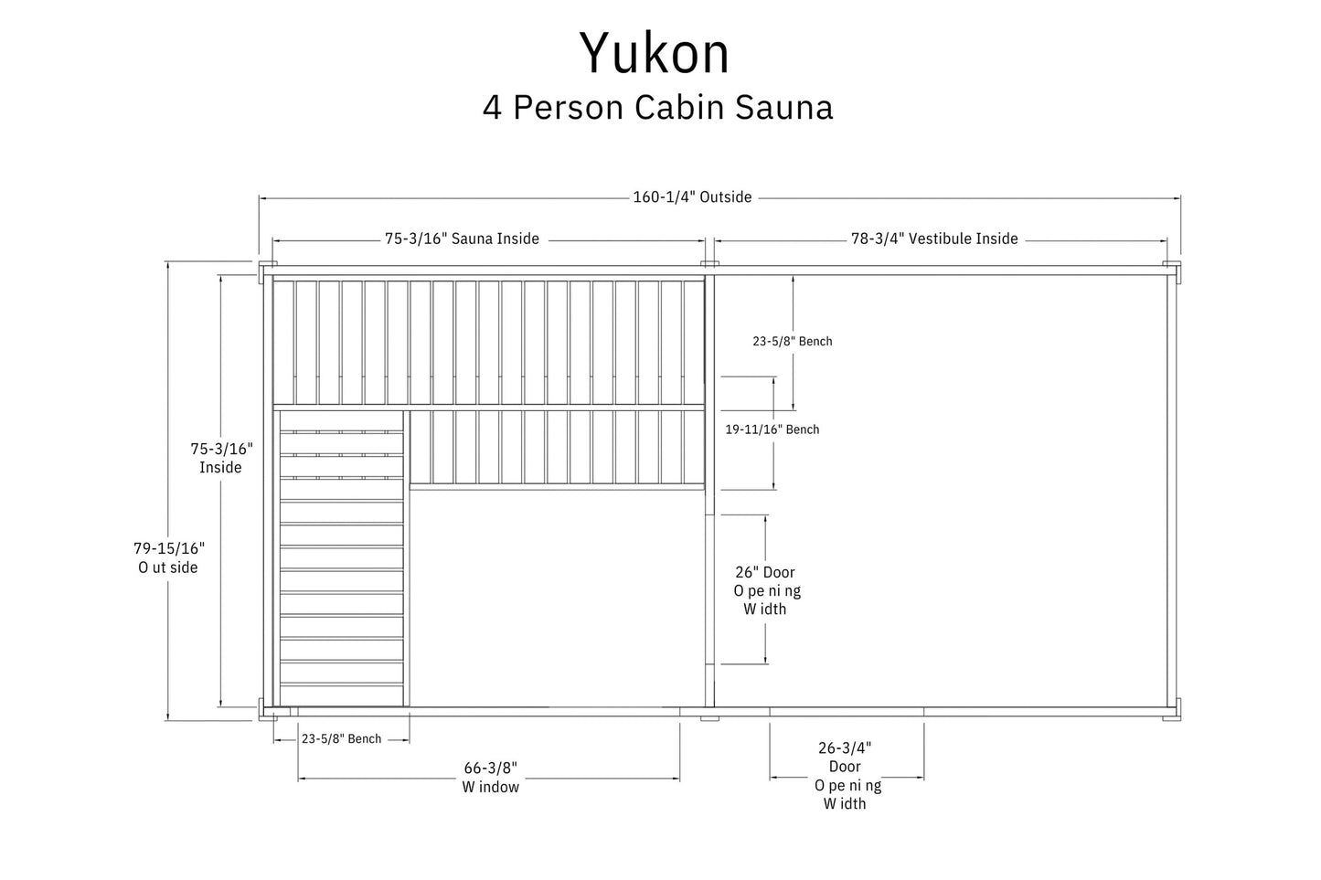 Yukon 4 person cabin sauna floor plan with interior and exterior dimensions, bench heights, door and window measurements