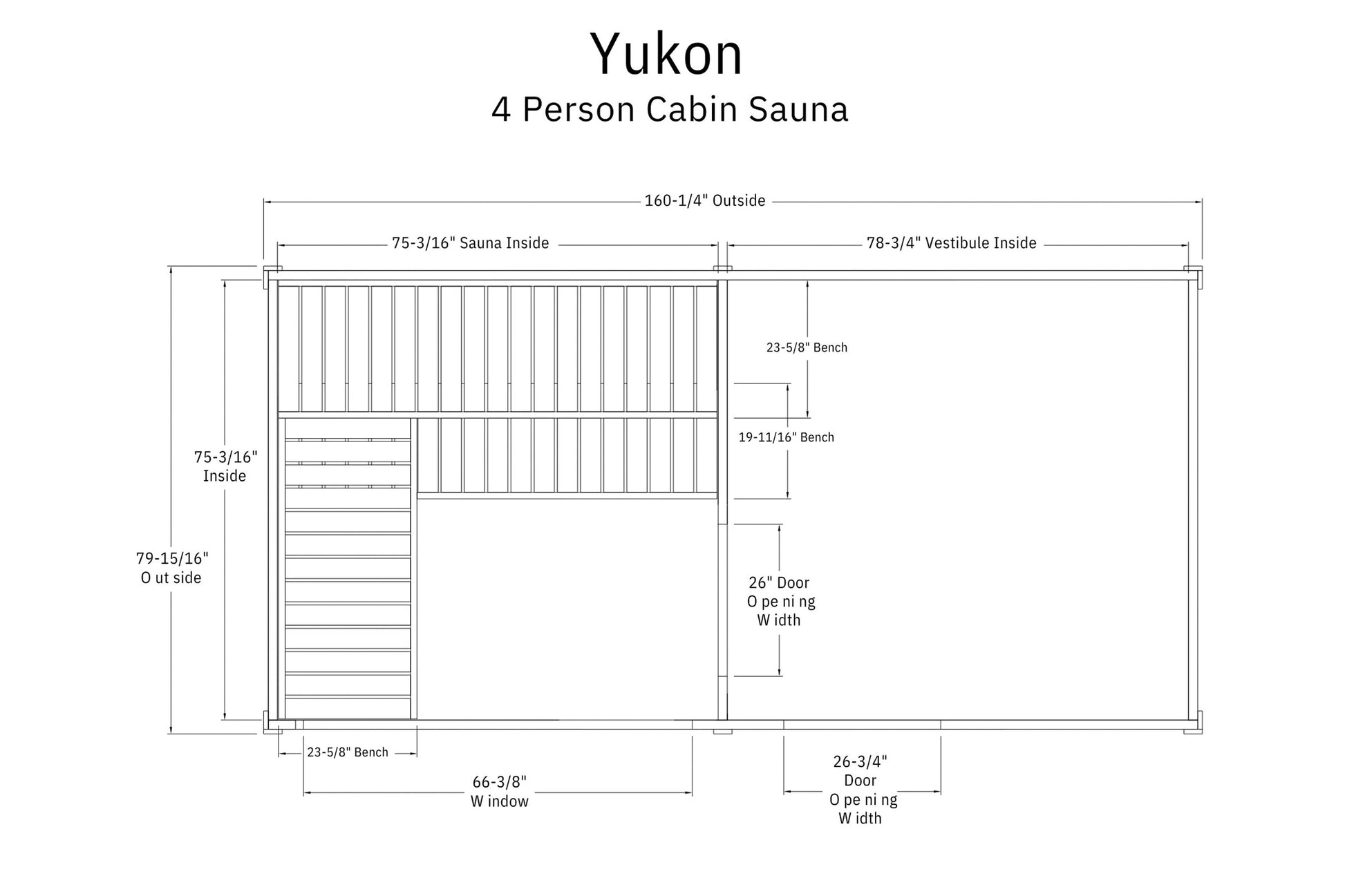 Yukon 4 person cabin sauna floor plan with interior and exterior dimensions, bench heights, door and window measurements