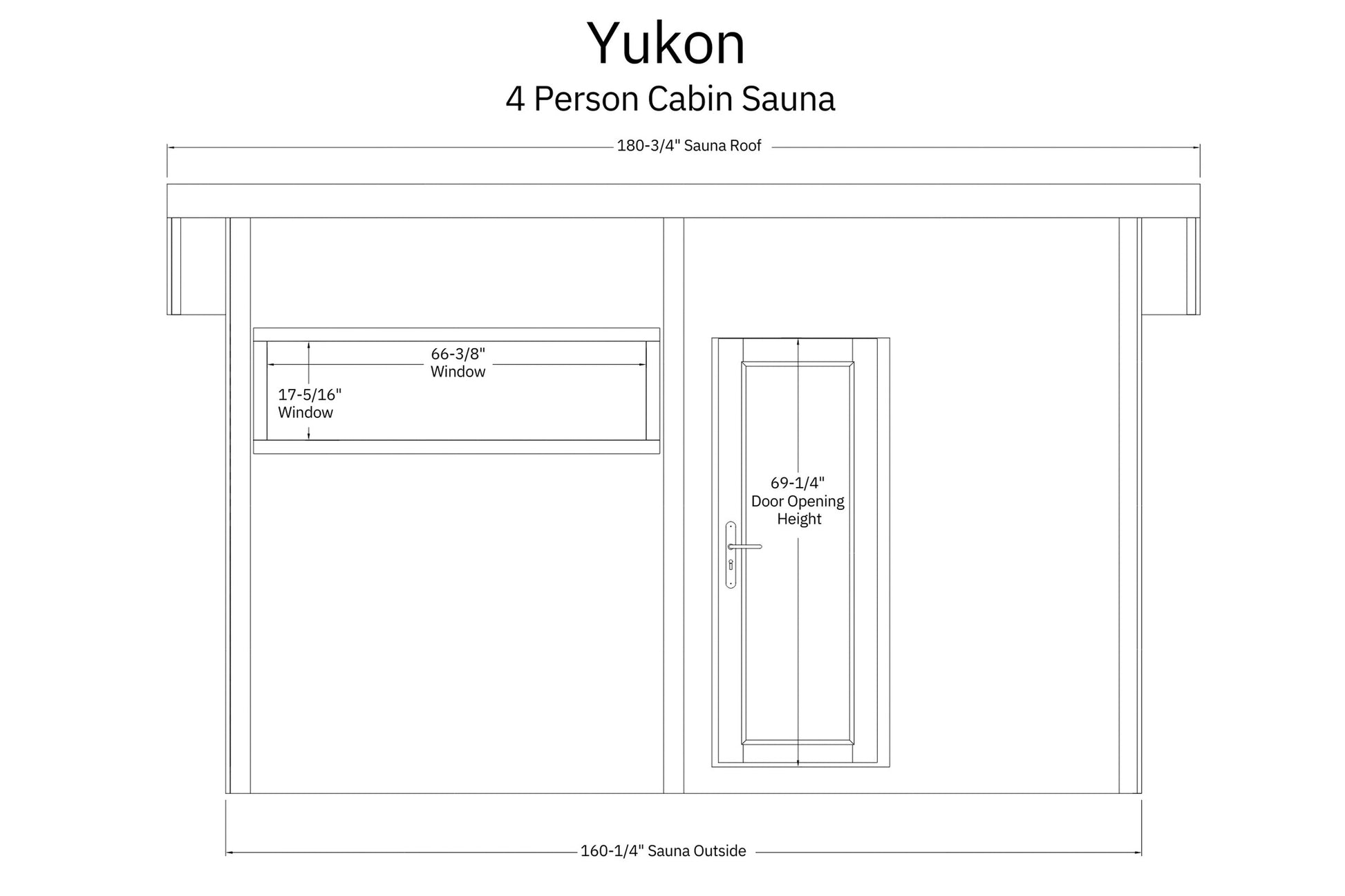 Yukon 4 person cabin sauna floor plan with dimensions, showing windows and door opening height specifications