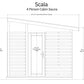 Scala 4-person cabin sauna architectural schematic with labeled dimensions including 123-1/4" roof width, 106-3/4" front heig