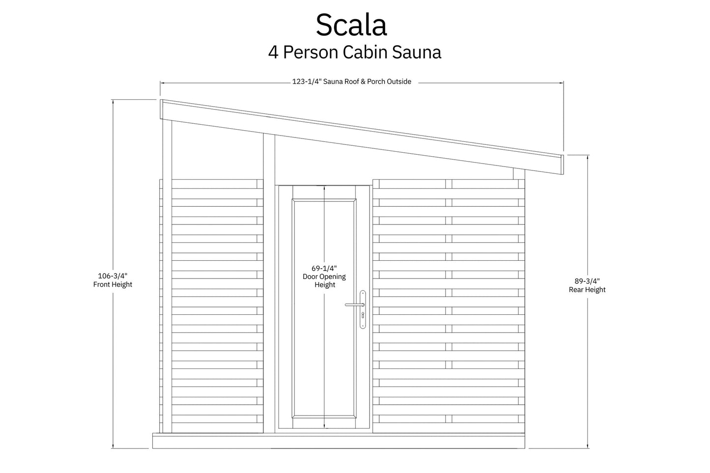 Scala 4-person cabin sauna architectural schematic with labeled dimensions including 123-1/4" roof width, 106-3/4" front heig