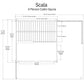 Technical floor plan schematic of Scala 4-person cabin sauna showing interior bench layout, dimensions, and door opening widt