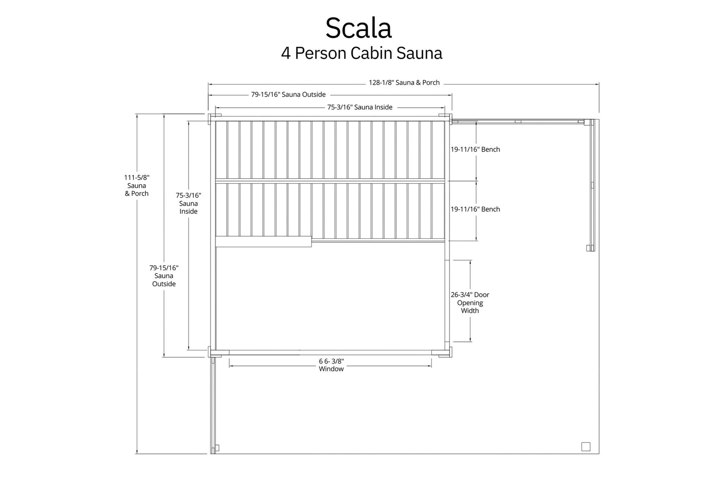 Technical floor plan schematic of Scala 4-person cabin sauna showing interior bench layout, dimensions, and door opening widt