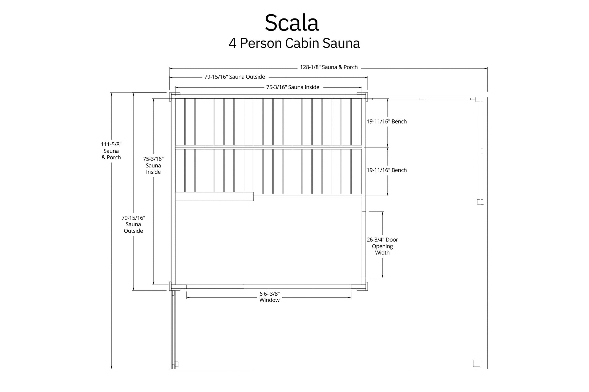 Technical floor plan schematic of Scala 4-person cabin sauna showing interior bench layout, dimensions, and door opening widt