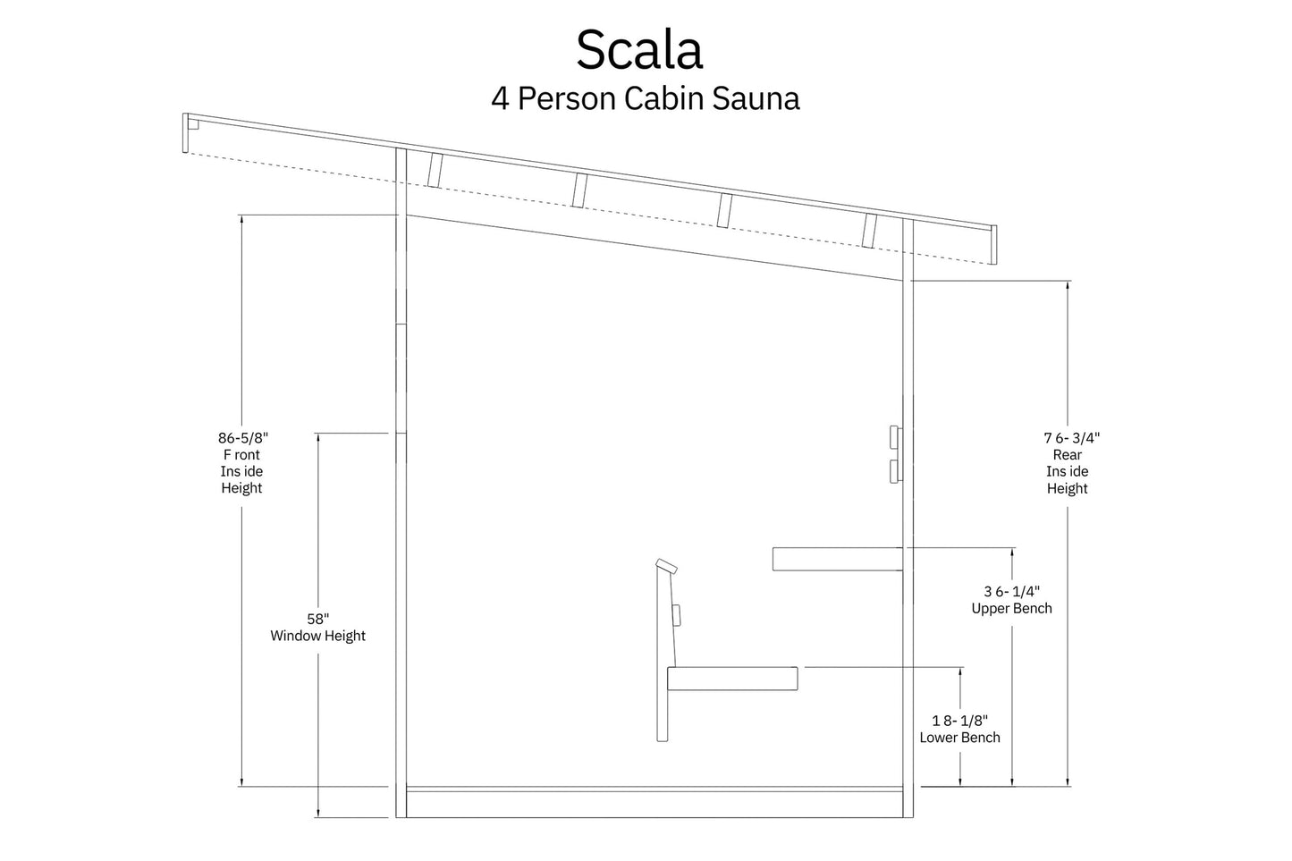 Scala 4 person cabin sauna technical diagram showing interior dimensions, bench heights, and window placement on white backgr