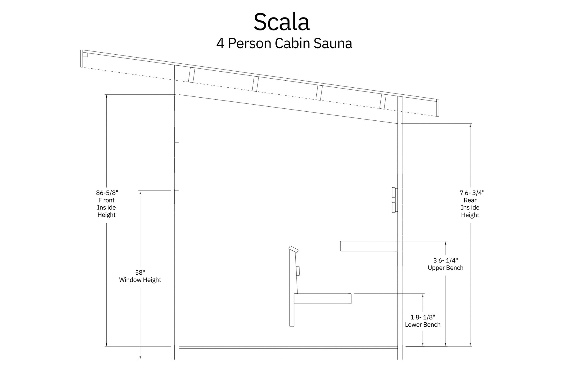 Scala 4 person cabin sauna technical diagram showing interior dimensions, bench heights, and window placement on white backgr