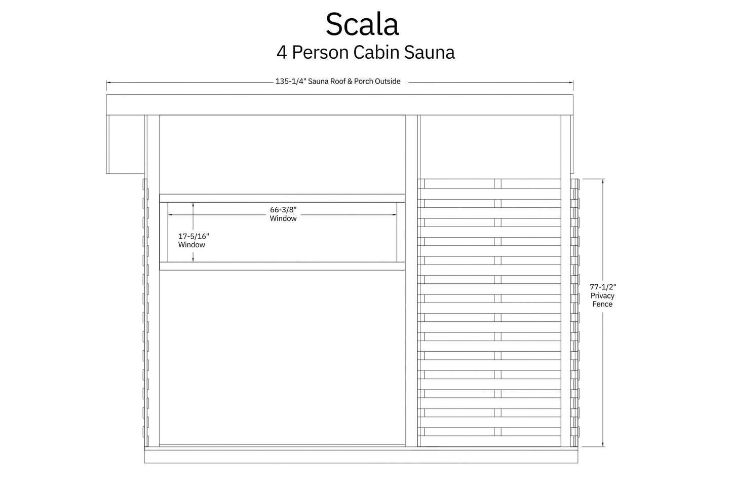 Scala 4 person cabin sauna architectural floor plan with dimensions, showing window and privacy fence specifications