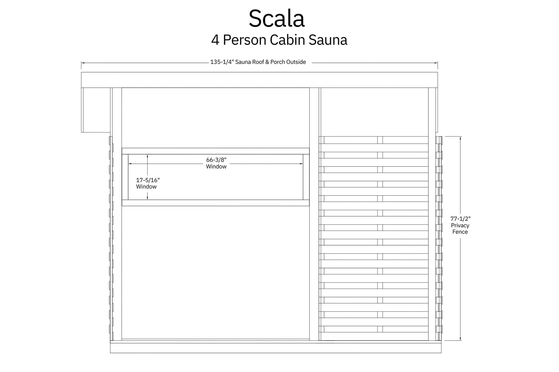 Scala 4 person cabin sauna architectural floor plan with dimensions, showing window and privacy fence specifications