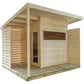 Modern wooden sauna cabin with horizontal lap siding, glass door and window, louvered side panels, and extended roof overhang
