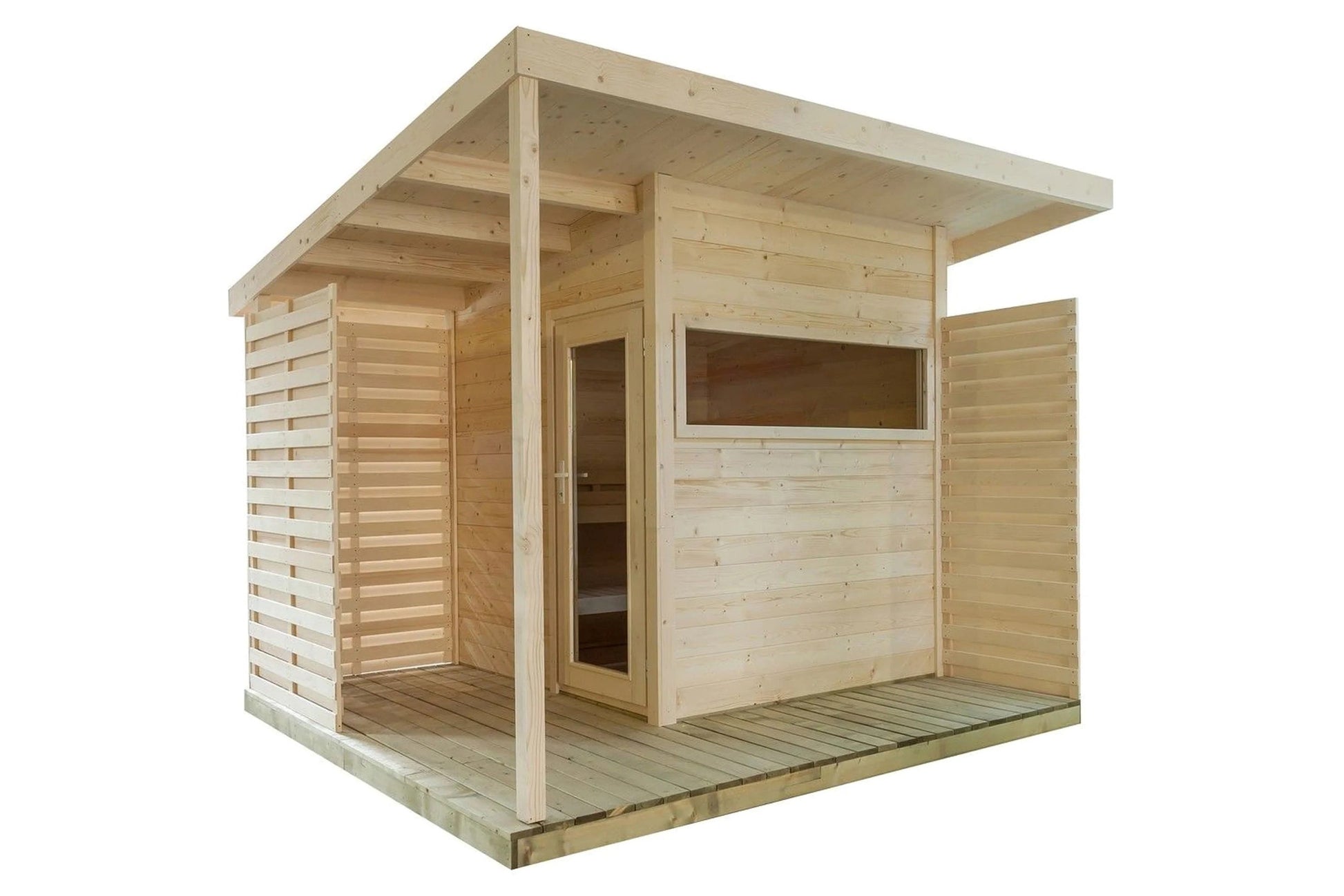 Modern wooden sauna cabin with horizontal lap siding, glass door and window, louvered side panels, and extended roof overhang