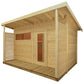 Timberline outdoor sauna with light wood construction, red glass door and window, slatted side panel, and front deck on white