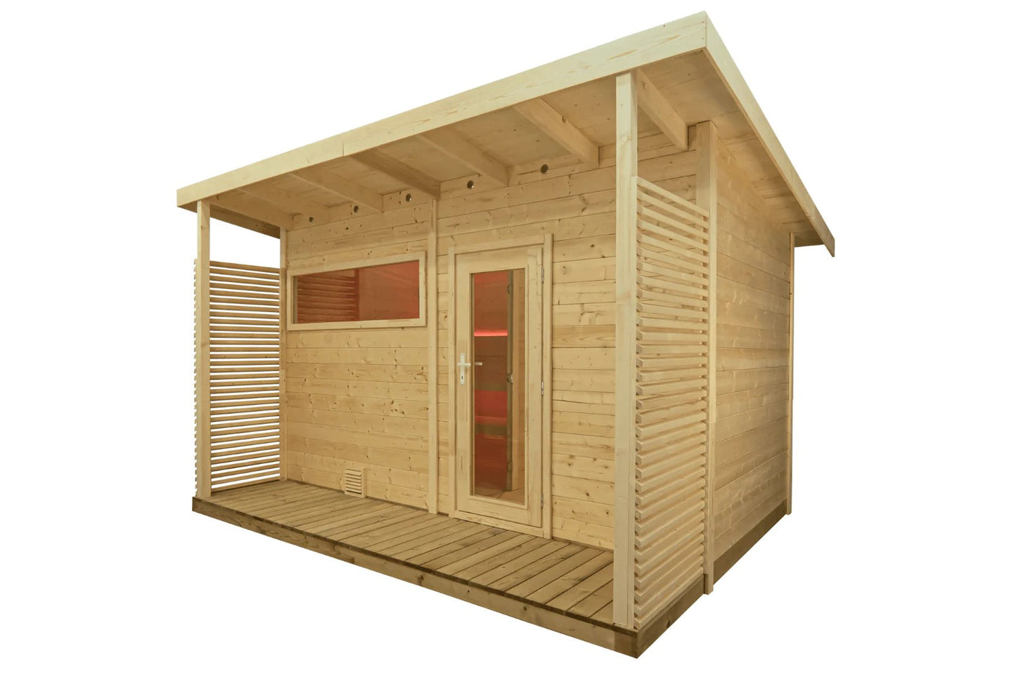 Timberline outdoor sauna with light wood construction, red glass door and window, slatted side panel, and front deck on white