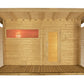 Wooden outdoor sauna with cedar construction, red infrared heater panel on front wall, slatted side benches, wooden door, and