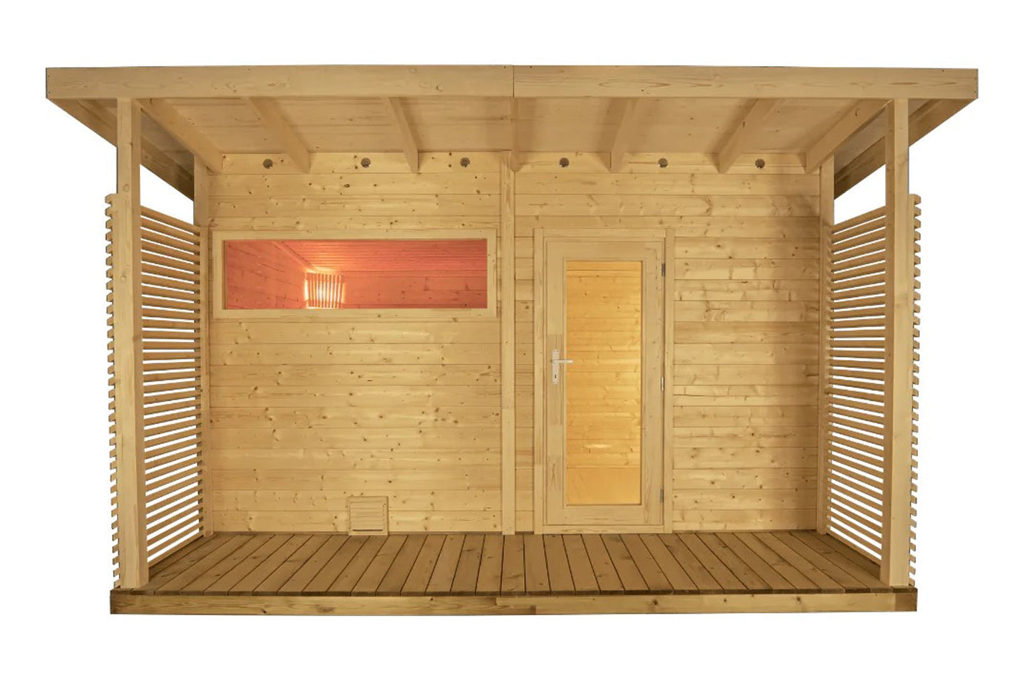 Wooden outdoor sauna with cedar construction, red infrared heater panel on front wall, slatted side benches, wooden door, and