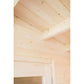 Interior view of wooden sauna ceiling and walls with exposed pine beams and horizontal wood paneling