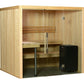 Light wood indoor sauna with glass front doors, wooden benches, and black heater stove on dark floor