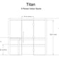Titan 6-person indoor sauna floor plan showing 26-inch door opening, upper and lower benches, 75.5-inch door height, and 79.7