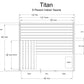 Titan 6-person indoor sauna floor plan with upper and lower benches, glass door and panels, heater unit, and interior dimensi