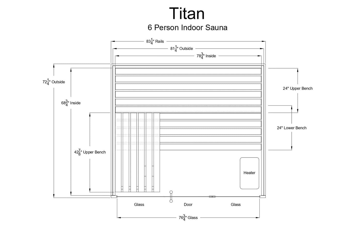 Titan 6-person indoor sauna floor plan with upper and lower benches, glass door and panels, heater unit, and interior dimensi