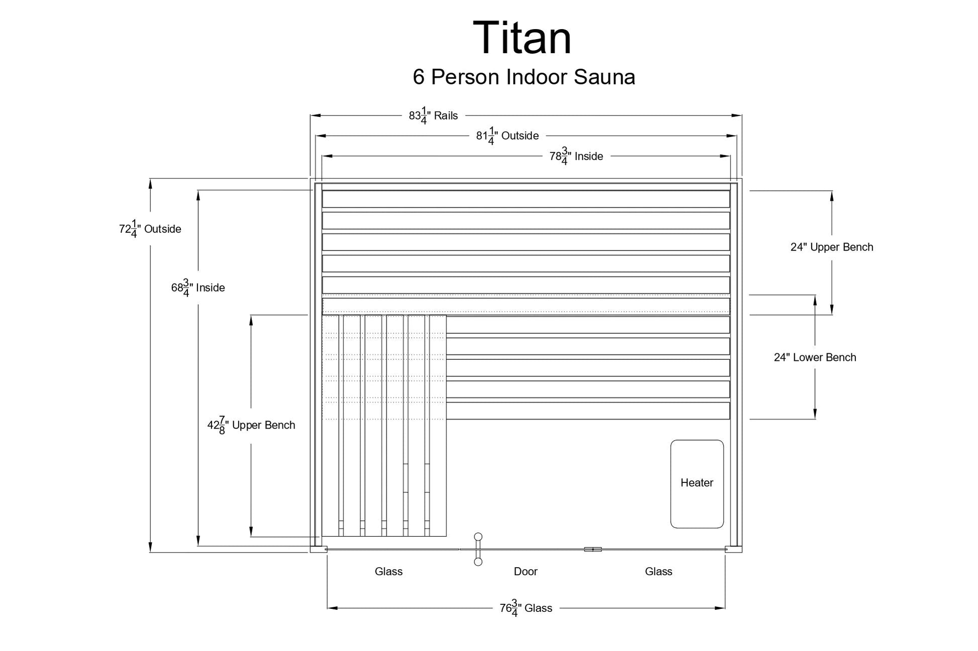 Titan 6-person indoor sauna floor plan with upper and lower benches, glass door and panels, heater unit, and interior dimensi