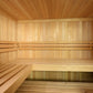 Interior view of wooden sauna with light pine bench seating, vertical and horizontal wood paneling, and two tiered benches fo