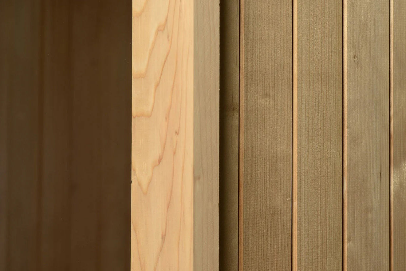 Wood grain color swatch samples showing dark brown, light pine, and taupe wood finishes for sauna construction