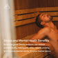 Man relaxing in wooden sauna with horizontal slat benches, eyes closed
