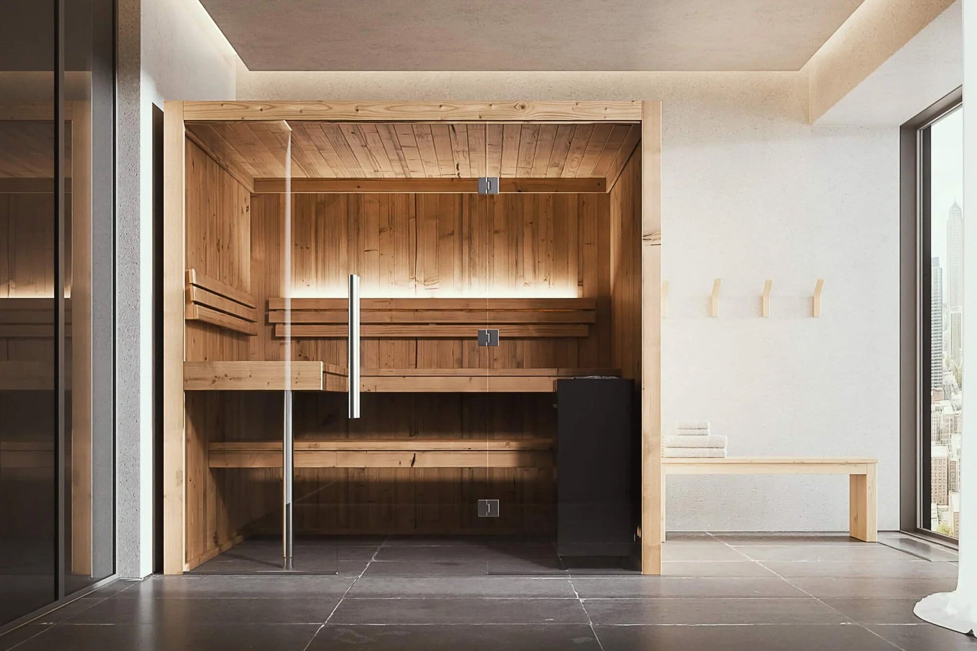 Almost Heaven Titan 6-person indoor sauna with light pine wood interior, glass doors, two-tier benches, and interior lighting