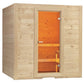 Natural pine wood sauna with orange interior, glass door with chrome hinges, and illuminated wooden benches visible inside