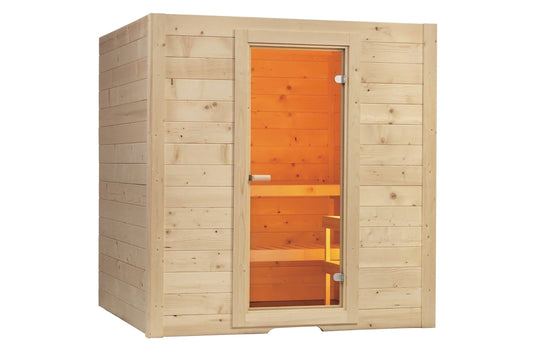 Natural pine wood sauna with orange interior, glass door with chrome hinges, and illuminated wooden benches visible inside