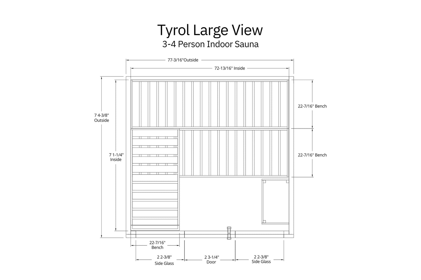 Tyrol Large View 3-4 person indoor sauna floor plan with dimensions, benches, and door placement