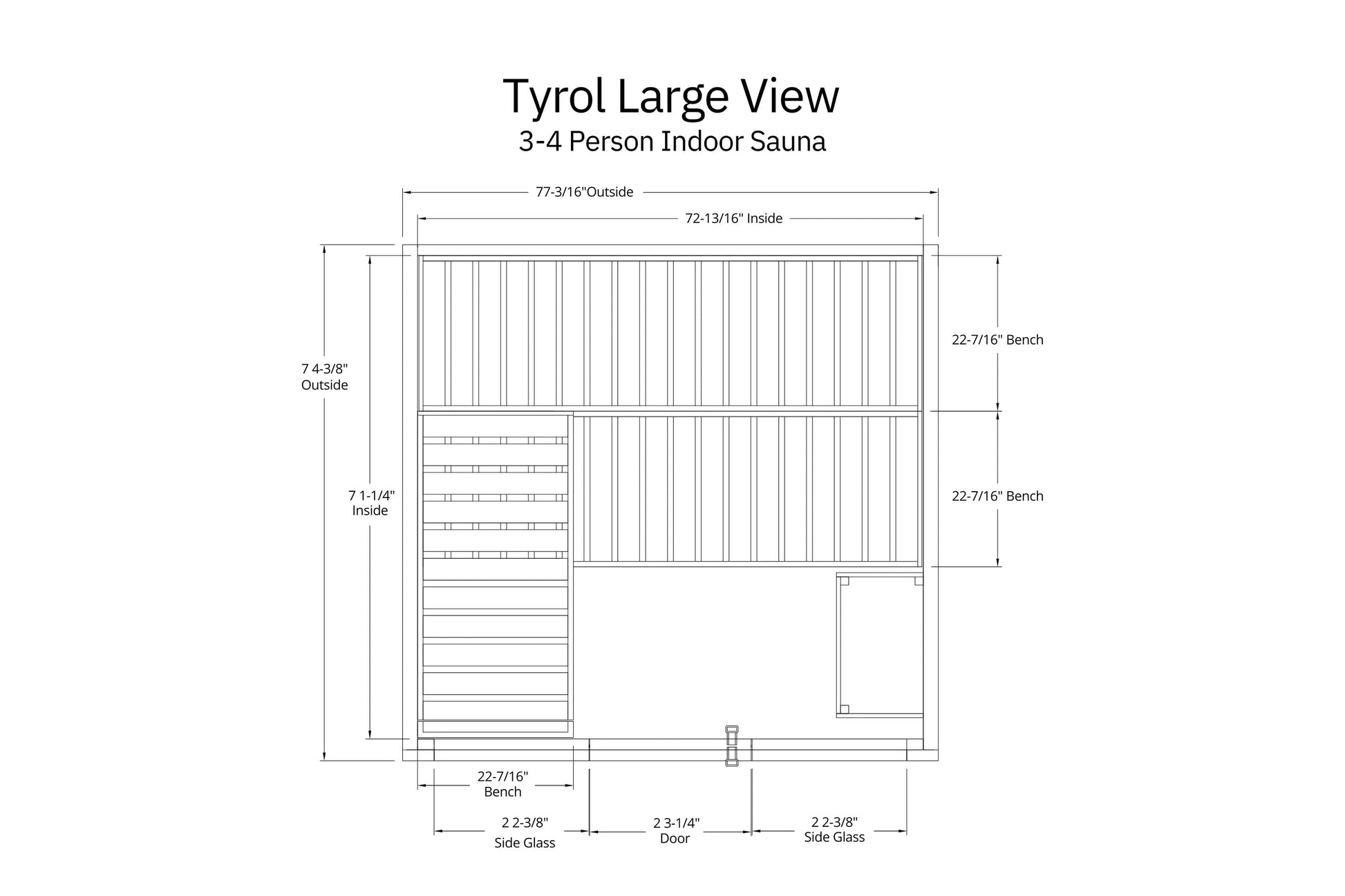 Tyrol Large View 3-4 person indoor sauna floor plan with dimensions, benches, and door placement