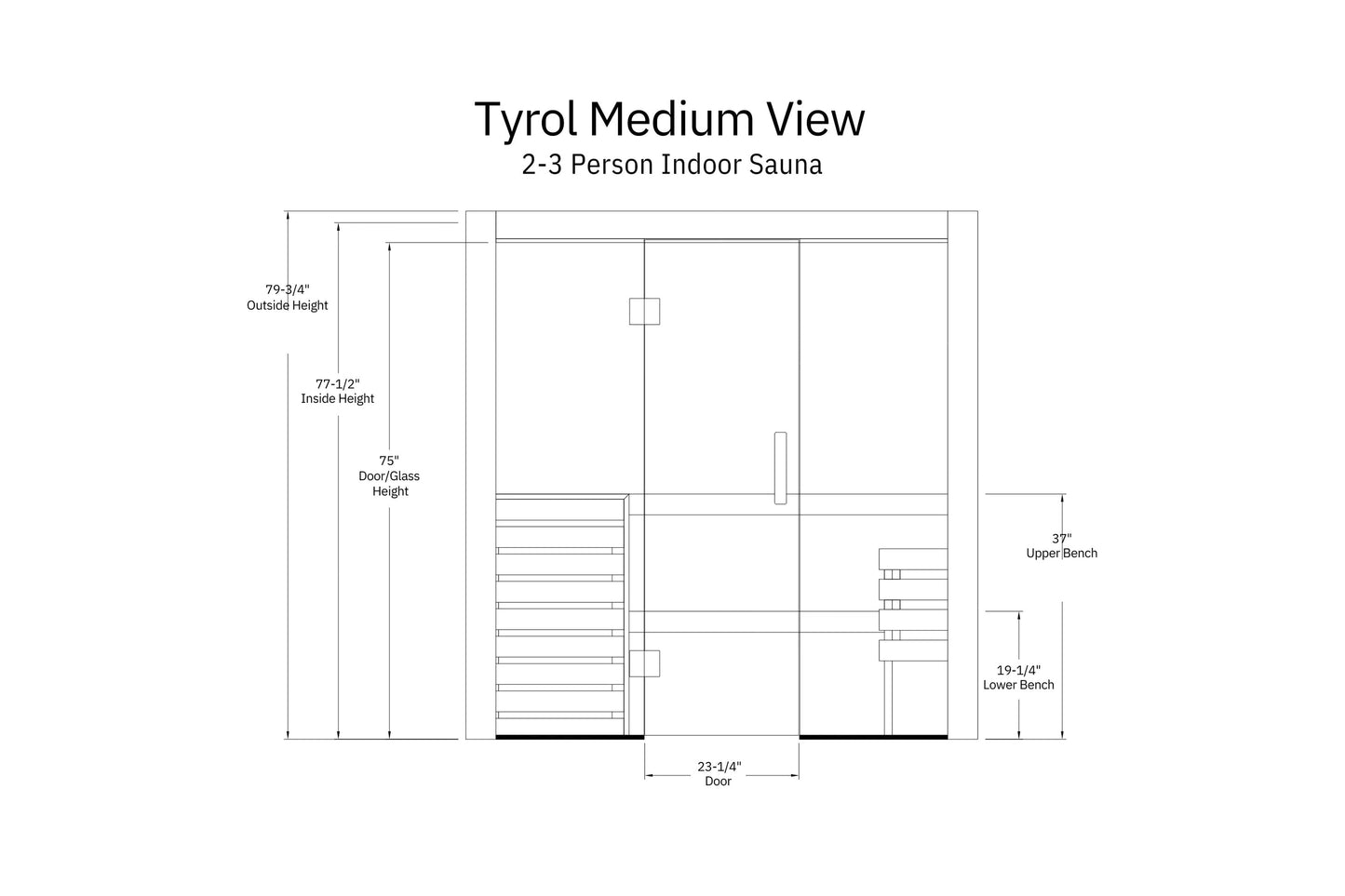 Tyrol Medium View 2-3 Person Indoor Sauna floor plan with dimensions and bench layout on white background