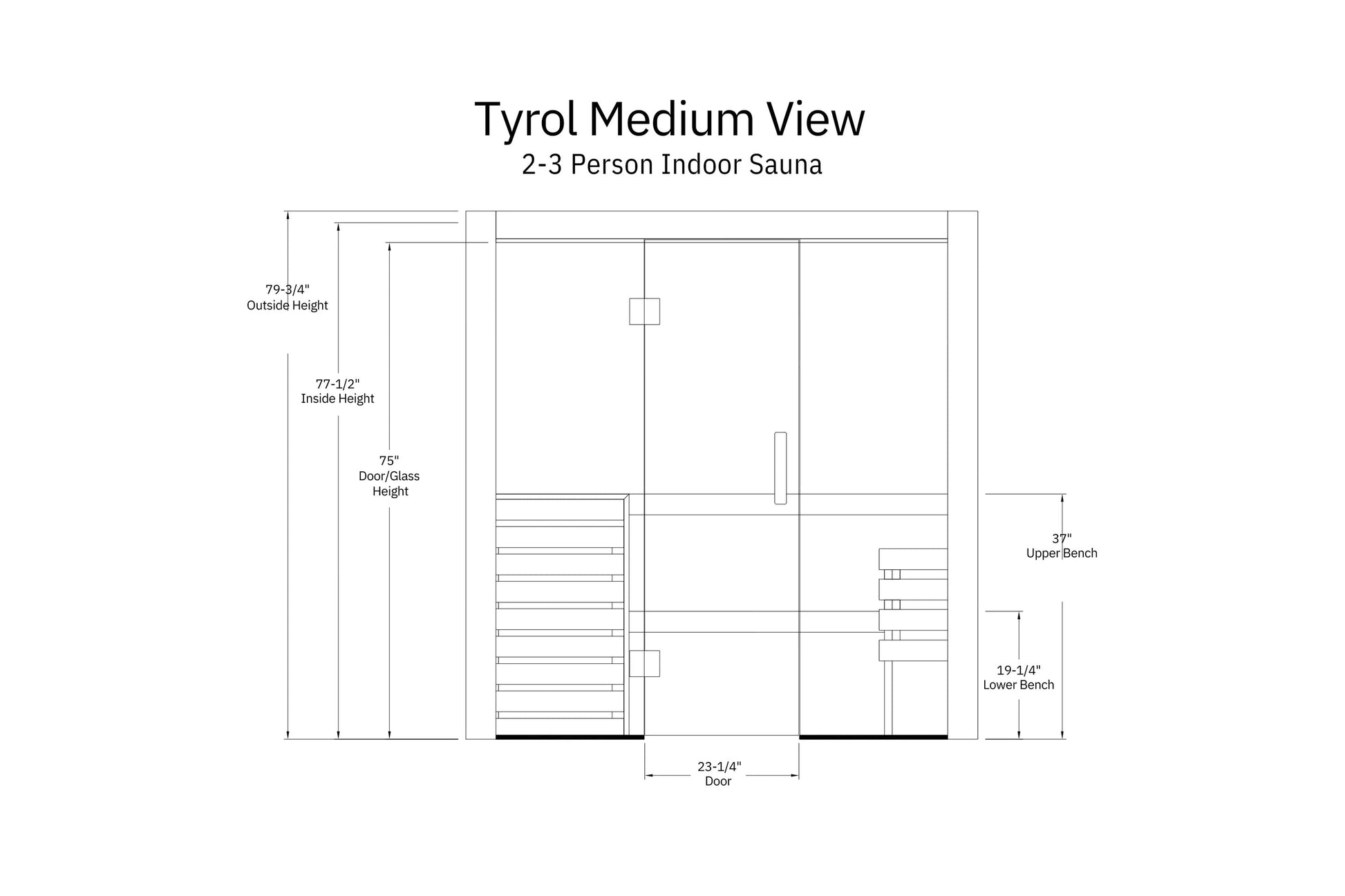 Tyrol Medium View 2-3 Person Indoor Sauna floor plan with dimensions and bench layout on white background