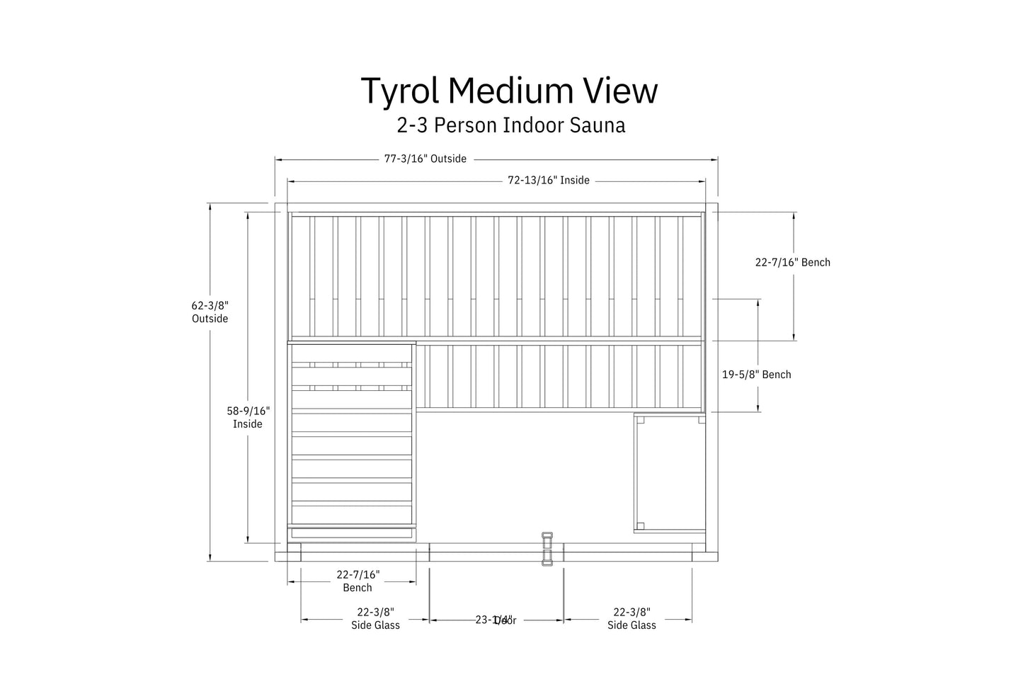 Tyrol Medium View floor plan schematic for 2-3 person indoor sauna showing interior dimensions, bench layouts, and glass pane