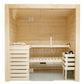 Almost Heaven Tyrol 3-5 person indoor sauna with natural wood construction, glass door, built-in benches, and white accents, 