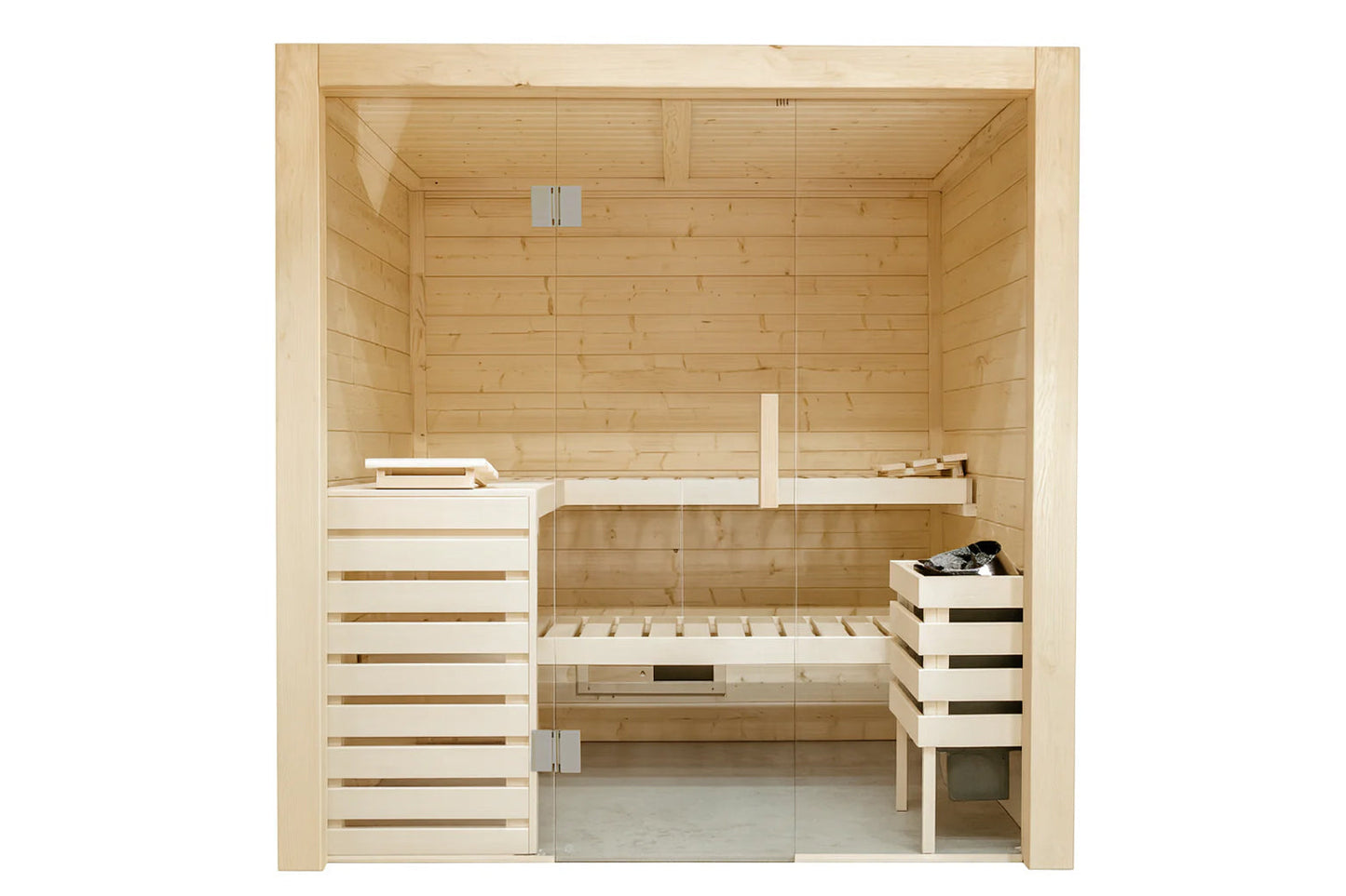 Almost Heaven Tyrol 3-5 person indoor sauna with natural wood construction, glass door, built-in benches, and white accents, 