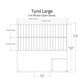 Tyrol Large 3-4 person cabin sauna front view with dimensions, featuring two benches and vertical wood paneling on white back