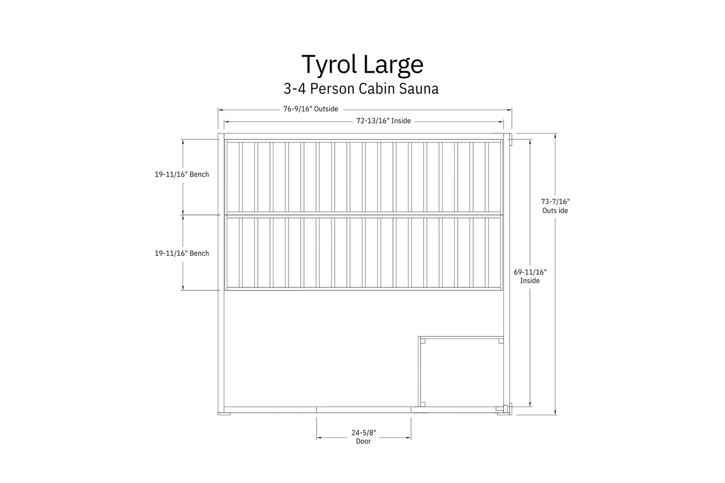 Tyrol Large 3-4 person cabin sauna front view with dimensions, featuring two benches and vertical wood paneling on white back
