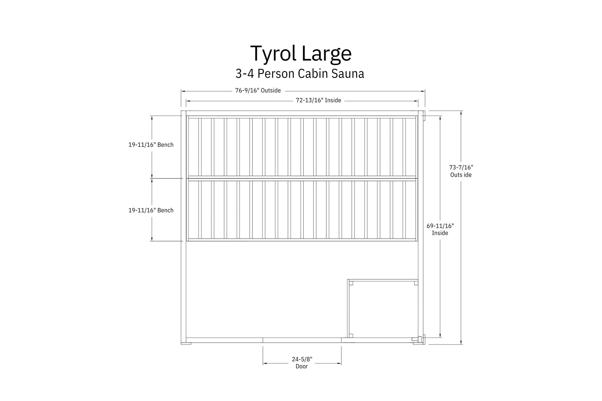 Tyrol Large 3-4 person cabin sauna front view with dimensions, featuring two benches and vertical wood paneling on white back