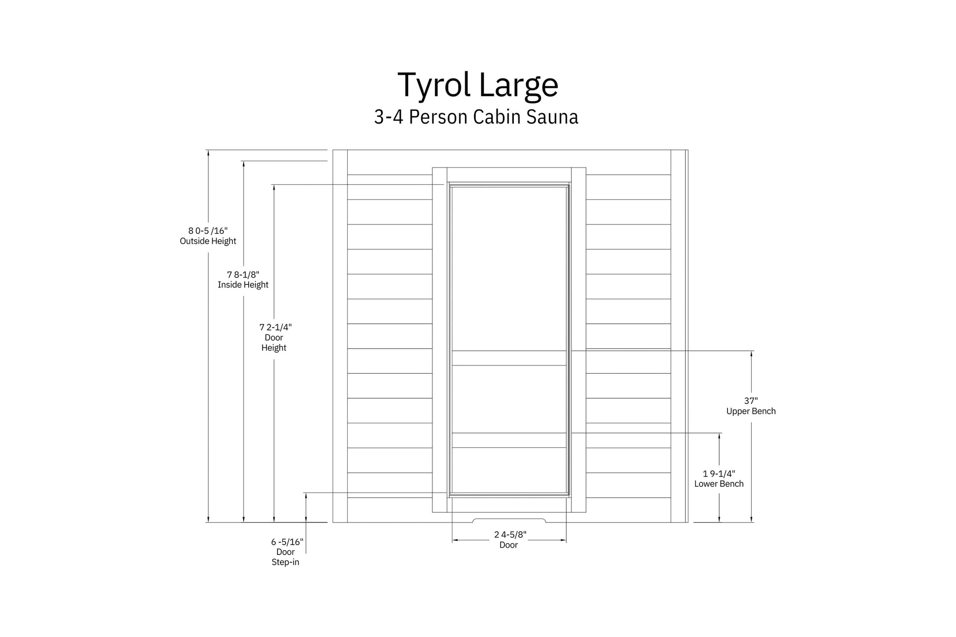Tyrol Large 3-4 person cabin sauna floor plan with interior dimensions, door height, bench measurements, and step-in specific